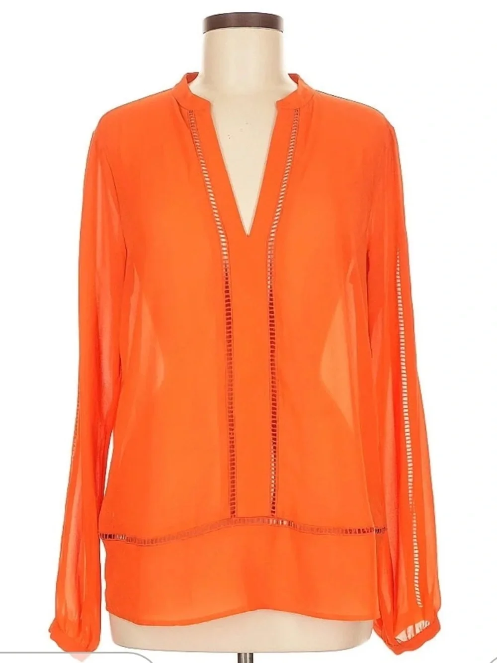Michael Kors Mandarin Orange Pointelle Trim Long Sleeve Top V Neck Blouse M